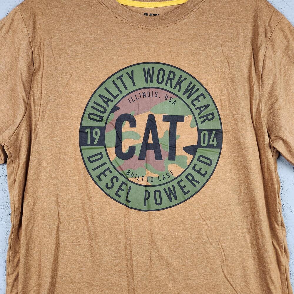 Caterpillar CAT Shirt Mens Large Brown Camo Graphic Workwear Diesel Powered Work